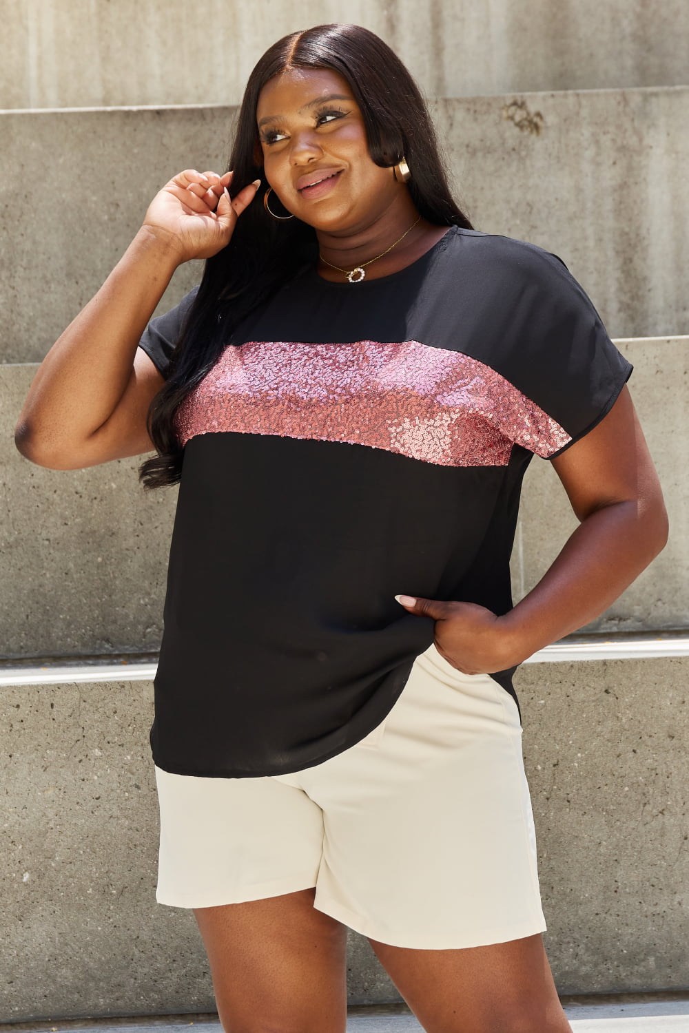 Shine Bright Full Size Center Mesh Sequin Top in Black/Mauve - Black / S - Women’s Clothing & Accessories - Shirts &