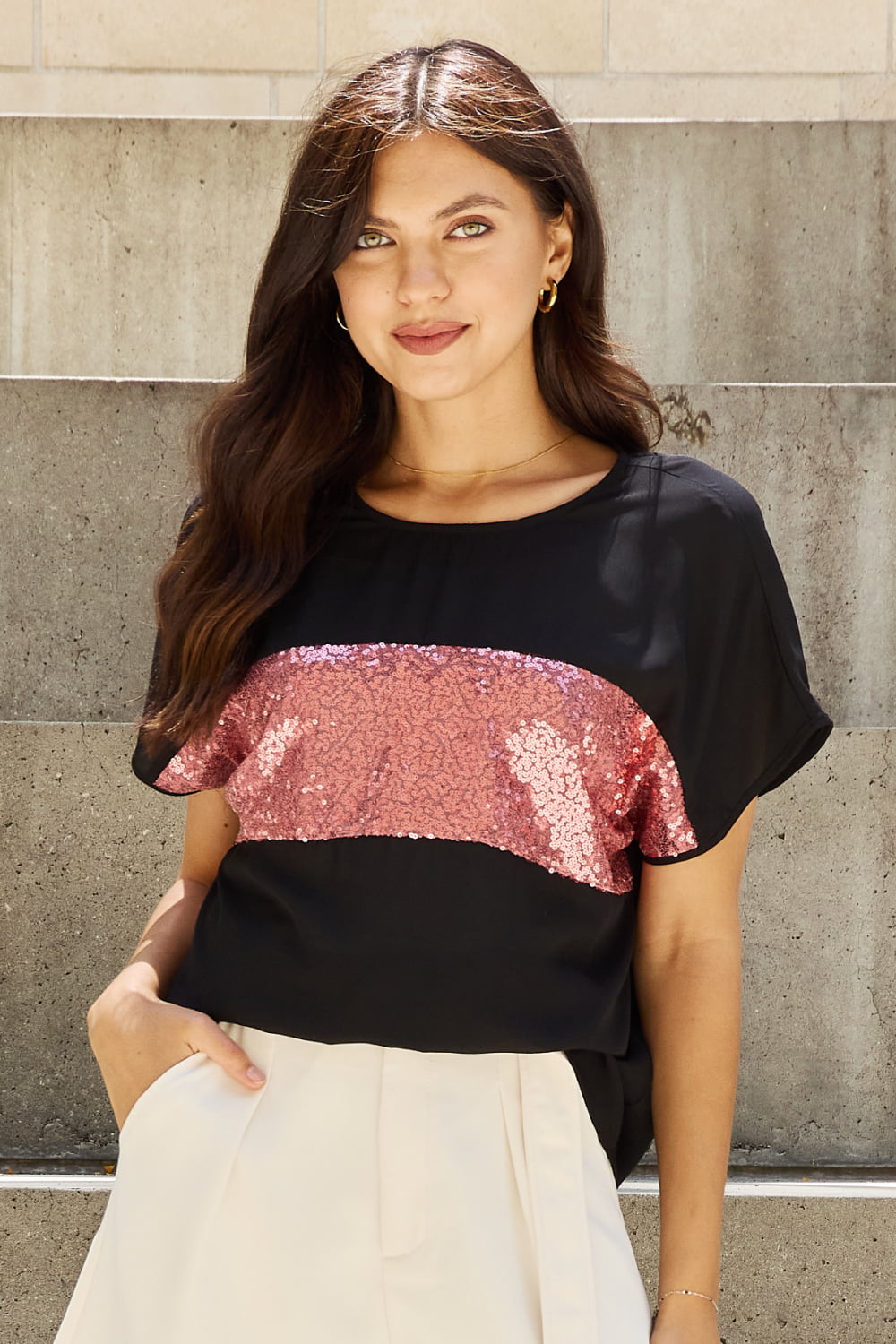 Shine Bright Full Size Center Mesh Sequin Top in Black/Mauve - Women’s Clothing & Accessories - Shirts & Tops - 11