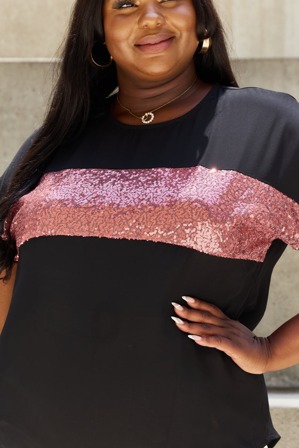 Shine Bright Full Size Center Mesh Sequin Top in Black/Mauve - Women’s Clothing & Accessories - Shirts & Tops - 5 - 2024