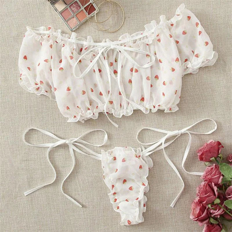 Off Shoulder Kawaii Lingerie Set - Cute Strawberry Print Bra with Ruffles - Women’s Clothing & Accessories