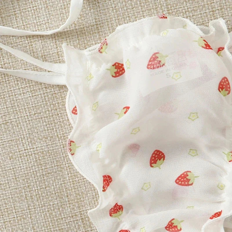 Off Shoulder Kawaii Lingerie Set - Cute Strawberry Print Bra with Ruffles - Women’s Clothing & Accessories