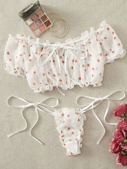 Off Shoulder Kawaii Lingerie Set - Cute Strawberry Print Bra with Ruffles - White / S / One Size | CHINA - Women’s