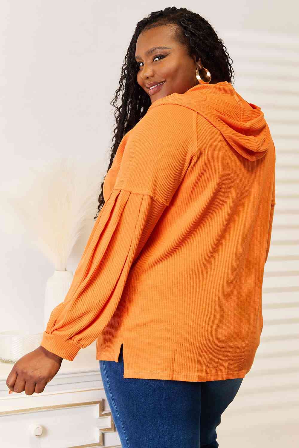 Side Slit Buttoned Waffle Knit Hoodie - Women’s Clothing & Accessories - Shirts & Tops - 2 - 2024