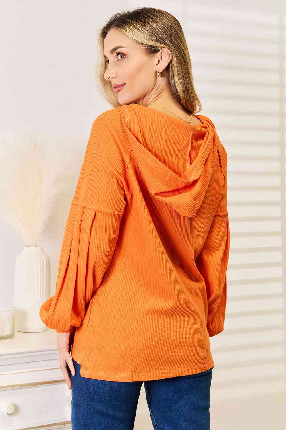 Side Slit Buttoned Waffle Knit Hoodie - Women’s Clothing & Accessories - Shirts & Tops - 9 - 2024