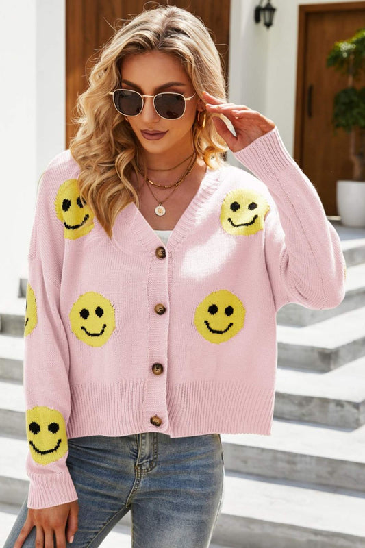 Smiley Face Ribbed Trim V-Neck Cardigan - Pink / S - Women’s Clothing & Accessories - Shirts & Tops - 1 - 2024