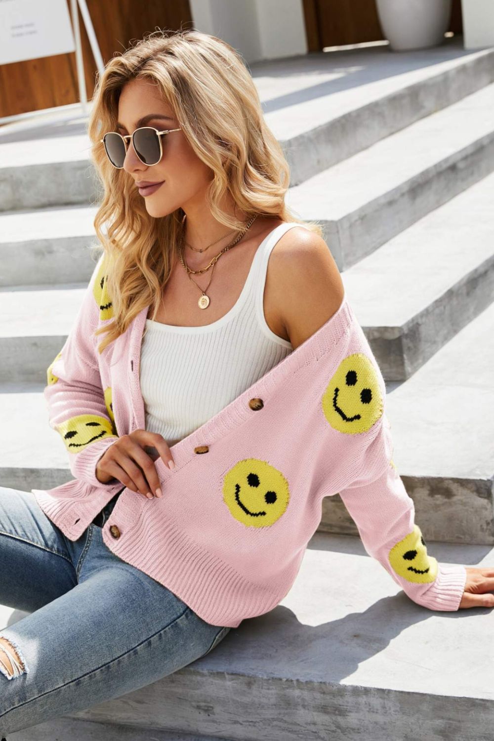 Smiley Face Ribbed Trim V-Neck Cardigan - Women’s Clothing & Accessories - Shirts & Tops - 3 - 2024