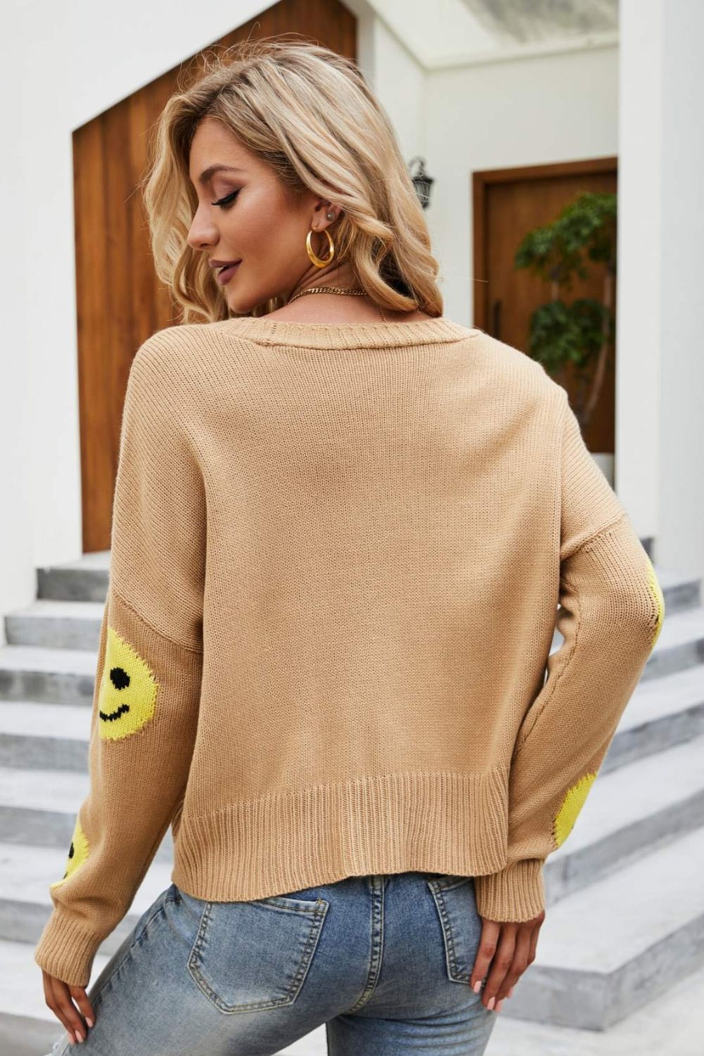 Smiley Face Ribbed Trim V-Neck Cardigan - Women’s Clothing & Accessories - Shirts & Tops - 7 - 2024