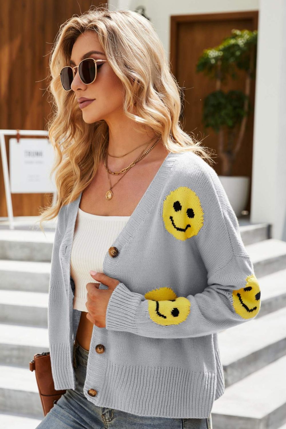 Smiley Face Ribbed Trim V-Neck Cardigan - Women’s Clothing & Accessories - Shirts & Tops - 9 - 2024