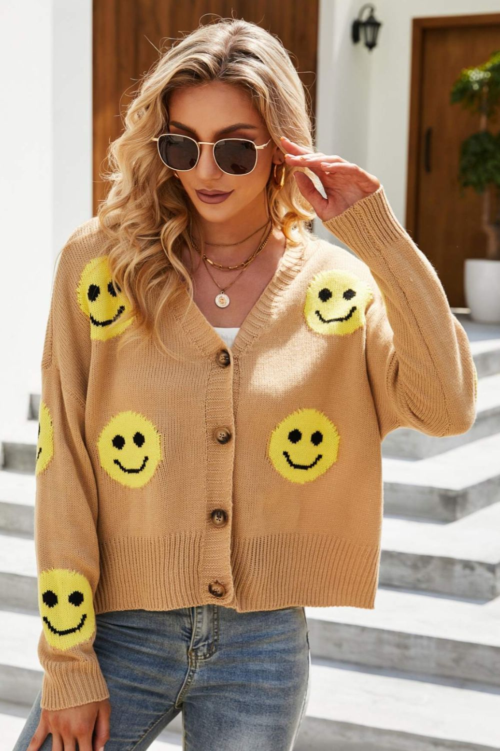 Smiley Face Ribbed Trim V-Neck Cardigan - Brown / S - Women’s Clothing & Accessories - Shirts & Tops - 4 - 2024