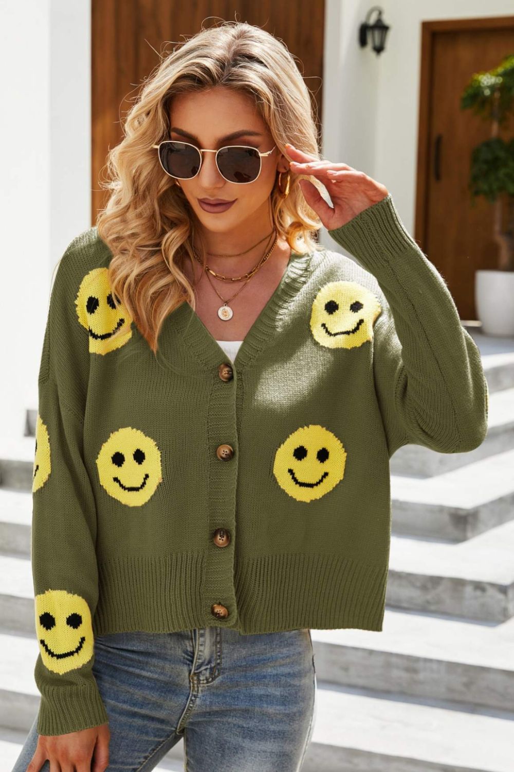 Smiley Face Ribbed Trim V-Neck Cardigan - Green / S - Women’s Clothing & Accessories - Shirts & Tops - 11 - 2024