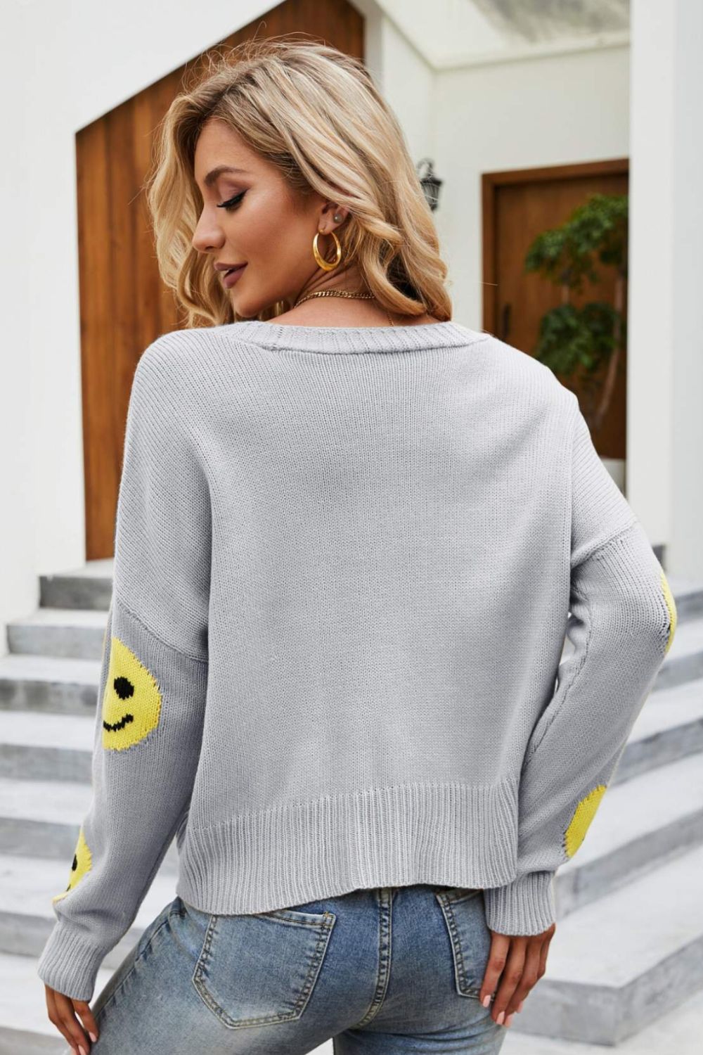 Smiley Face Ribbed Trim V-Neck Cardigan - Women’s Clothing & Accessories - Shirts & Tops - 10 - 2024