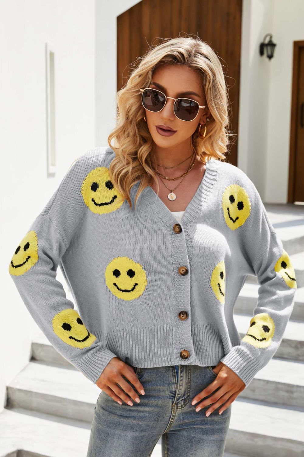 Smiley Face Ribbed Trim V-Neck Cardigan - Gray / S - Women’s Clothing & Accessories - Shirts & Tops - 8 - 2024