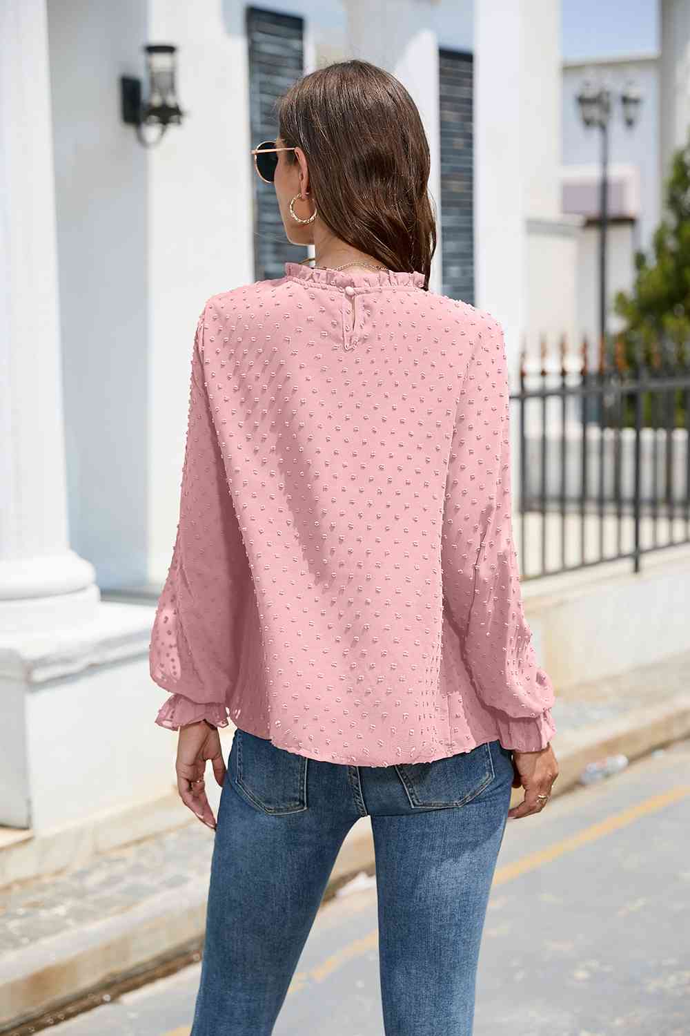 Smocked Mock Neck Swiss Dot Top - Women’s Clothing & Accessories - Shirts & Tops - 20 - 2024