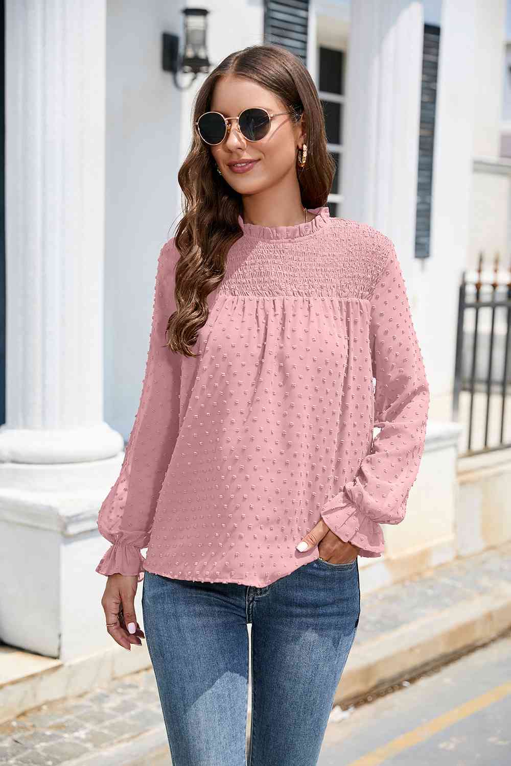 Smocked Mock Neck Swiss Dot Top - Light Pink / S - Women’s Clothing & Accessories - Shirts & Tops - 18 - 2024