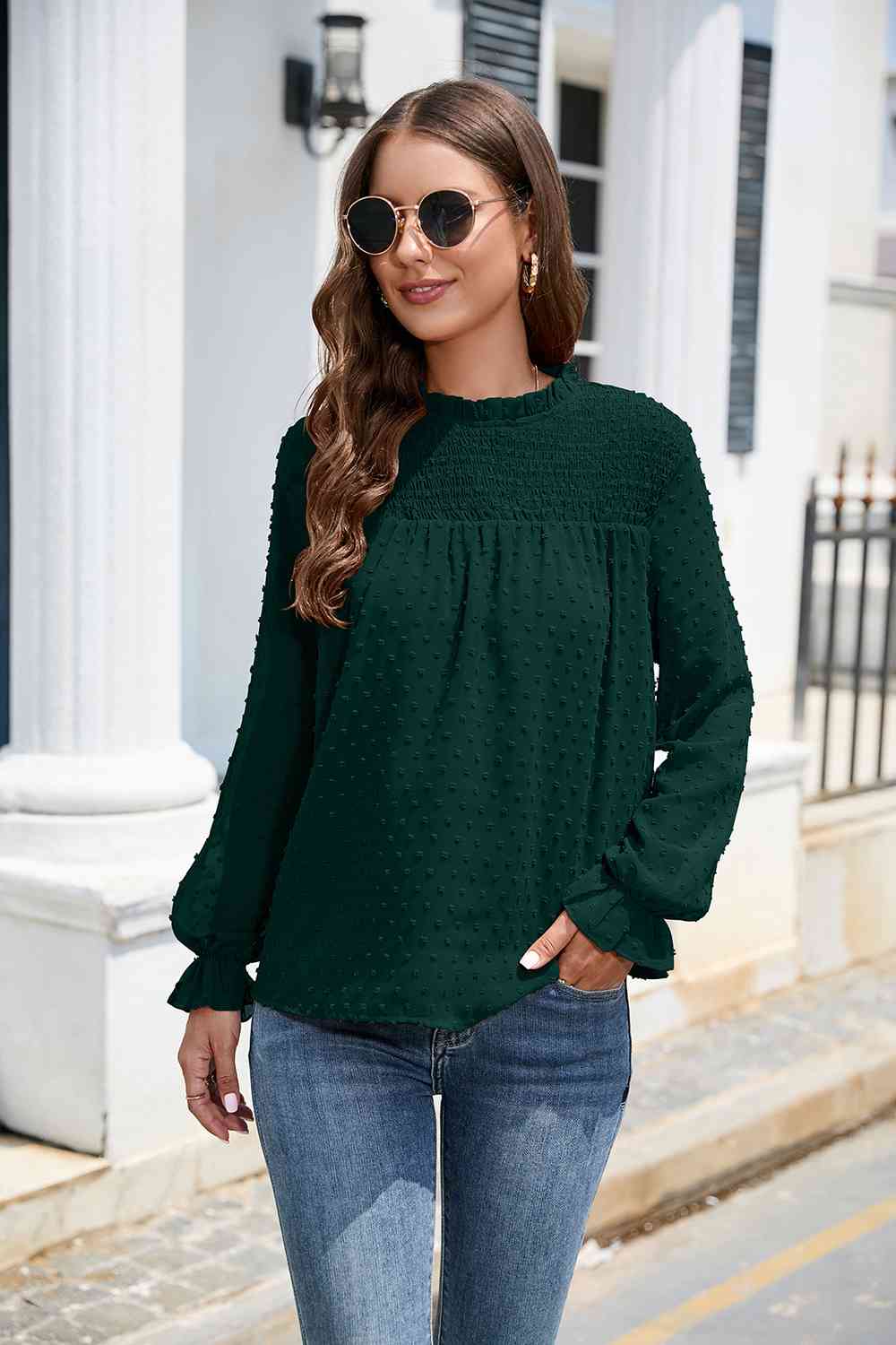 Smocked Mock Neck Swiss Dot Top - Green / S - Women’s Clothing & Accessories - Shirts & Tops - 9 - 2024