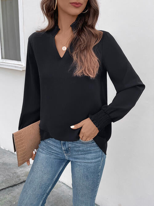 Smocked Notched Long Sleeve Blouse - Women’s Clothing & Accessories - Shirts & Tops - 4 - 2024