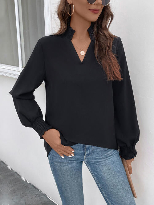Smocked Notched Long Sleeve Blouse - Black / S - Women’s Clothing & Accessories - Shirts & Tops - 1 - 2024