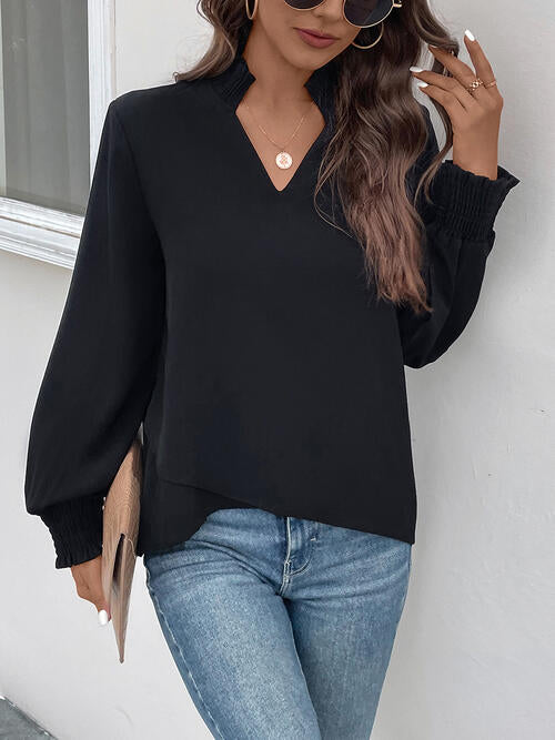 Smocked Notched Long Sleeve Blouse - Women’s Clothing & Accessories - Shirts & Tops - 3 - 2024
