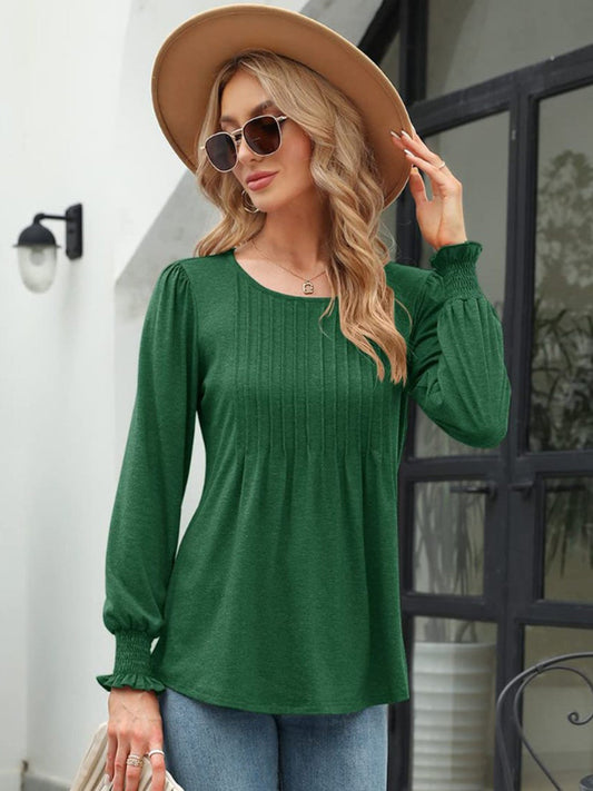 Smocked Round Neck Lantern Sleeve Blouse - Women’s Clothing & Accessories - Shirts & Tops - 2 - 2024