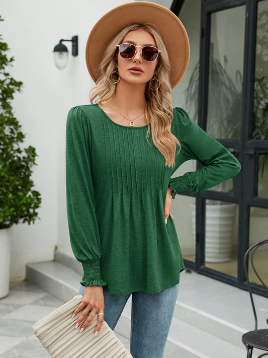 Smocked Round Neck Lantern Sleeve Blouse - Green / S - Women’s Clothing & Accessories - Shirts & Tops - 1 - 2024