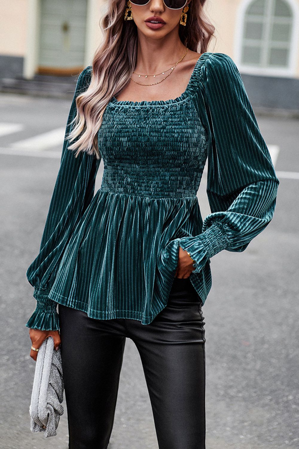 Smocked Square Neck Long Sleeve Blouse - Women’s Clothing & Accessories - Shirts & Tops - 17 - 2024