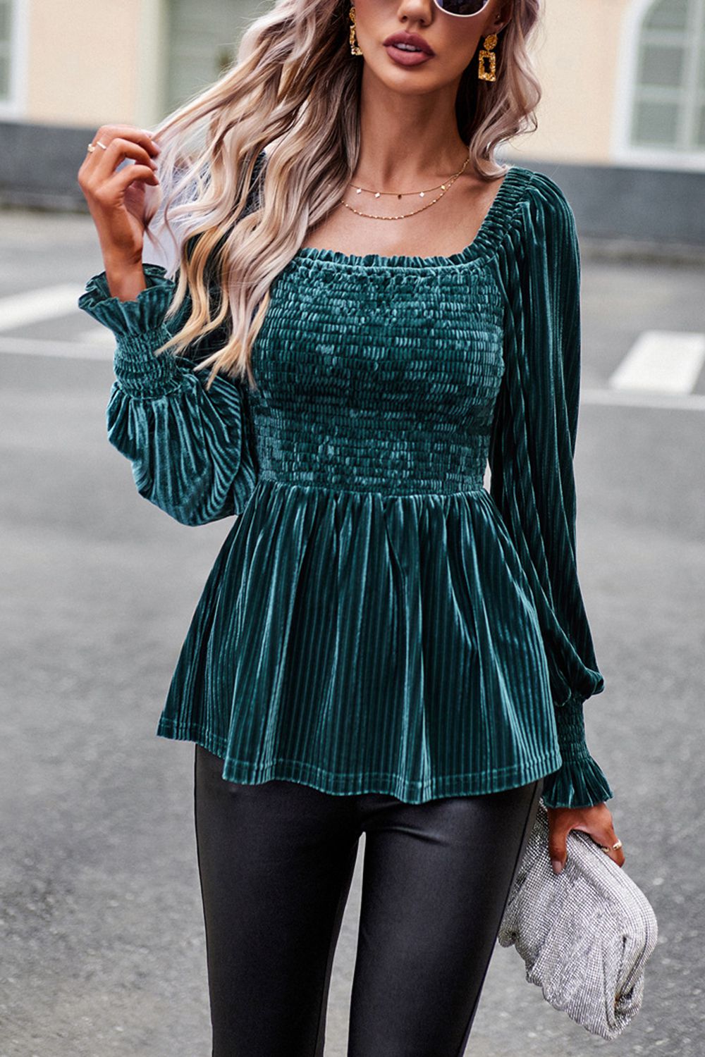 Smocked Square Neck Long Sleeve Blouse - Women’s Clothing & Accessories - Shirts & Tops - 16 - 2024