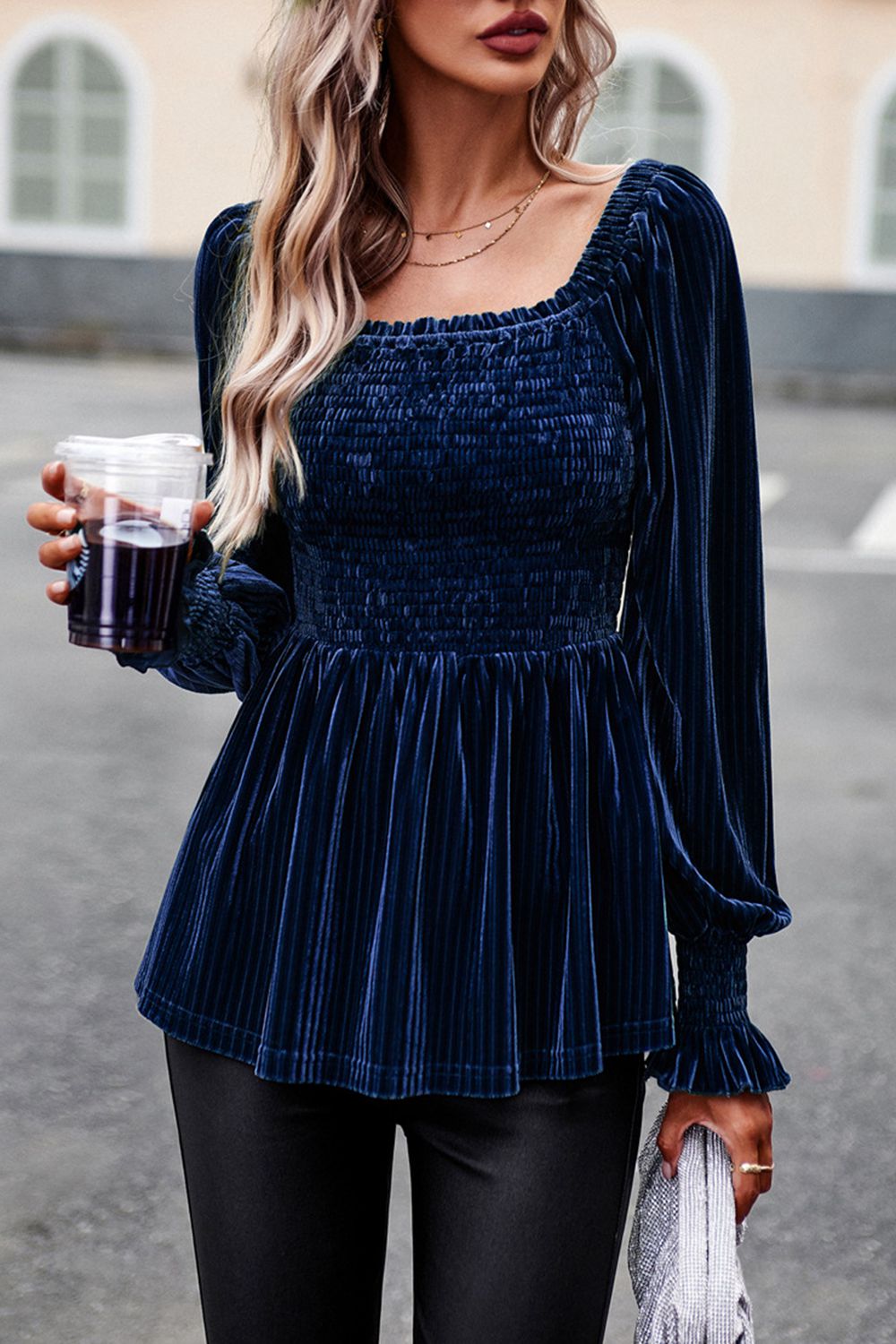 Smocked Square Neck Long Sleeve Blouse - Dark Blue / S - Women’s Clothing & Accessories - Shirts & Tops - 1 - 2024