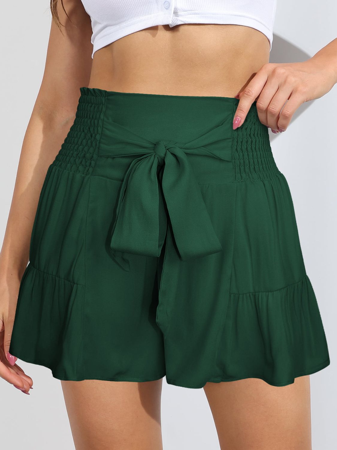 Smocked Tie-Front High-Rise Shorts - Green / S - Women’s Clothing & Accessories - Shorts - 13 - 2024