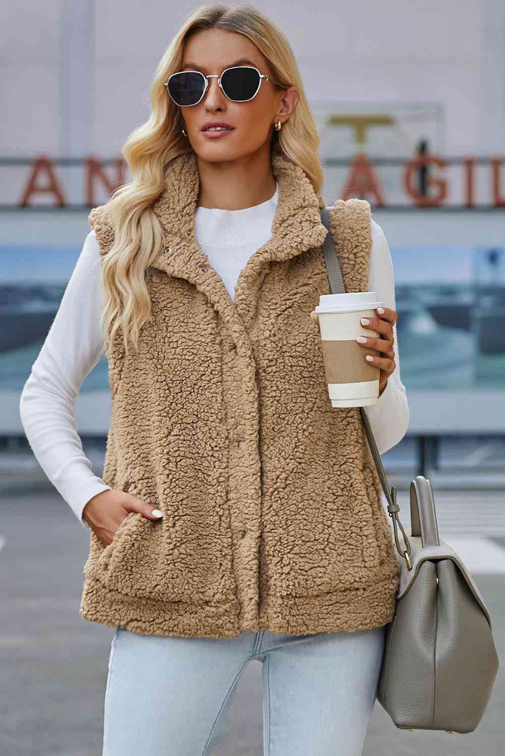 Snap Down Vest with Pockets - Brown / S - Women’s Clothing & Accessories - Vests - 1 - 2024