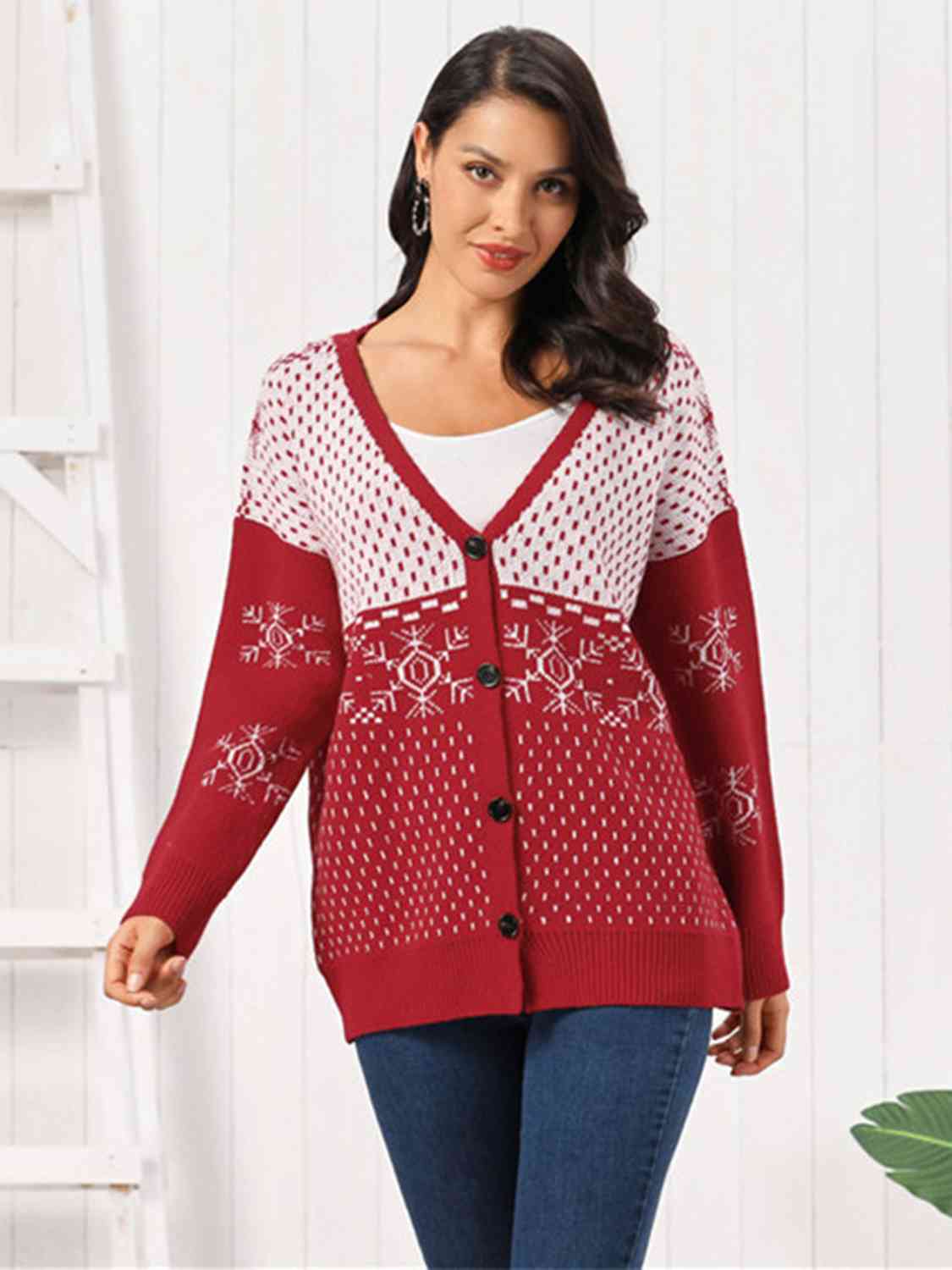 Snowflake Button Down Cardigan - Deep Red / S - Women’s Clothing & Accessories - Shirts & Tops - 3 - 2024