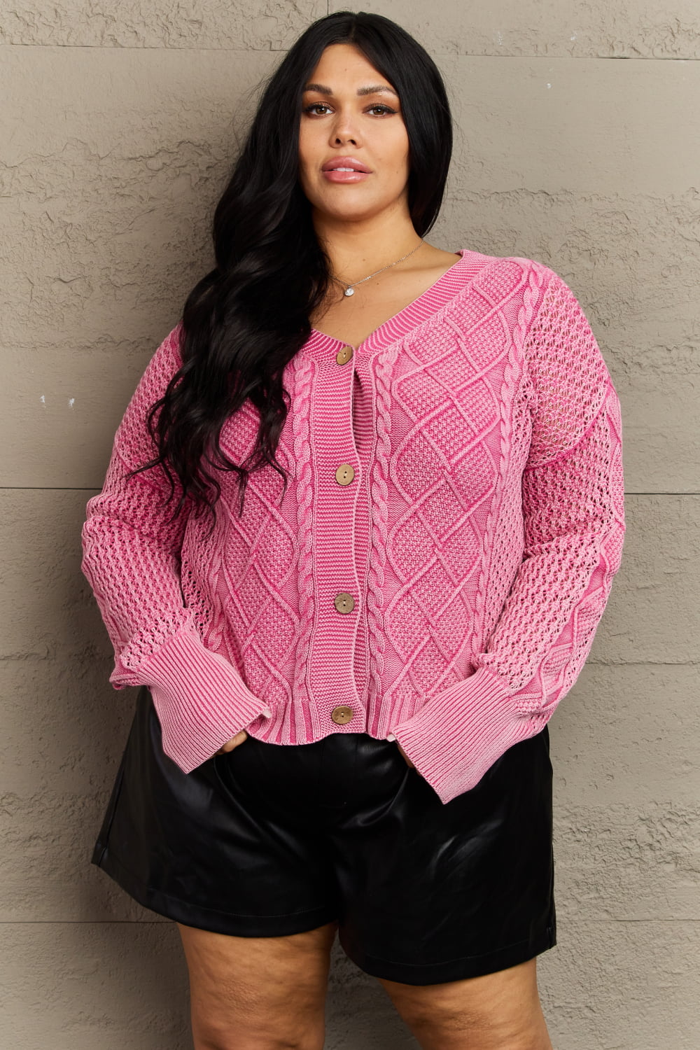 Soft Focus Full Size Wash Cable Knit Cardigan in Fuchsia - Women’s Clothing & Accessories - Shirts & Tops - 3 - 2024