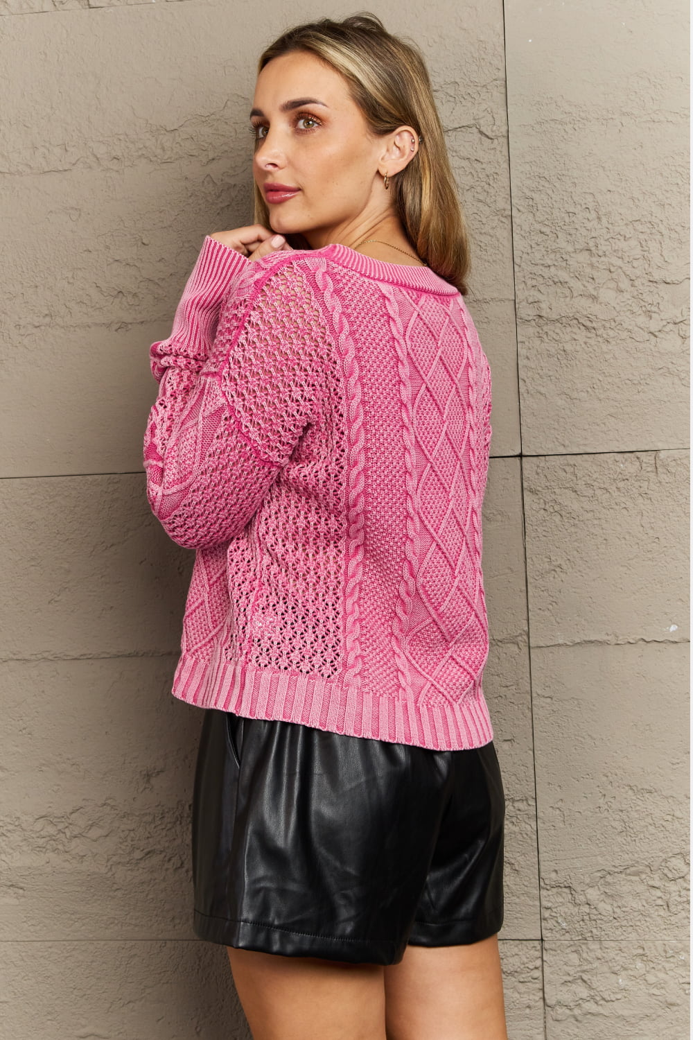 Soft Focus Full Size Wash Cable Knit Cardigan in Fuchsia - Women’s Clothing & Accessories - Shirts & Tops - 11 - 2024