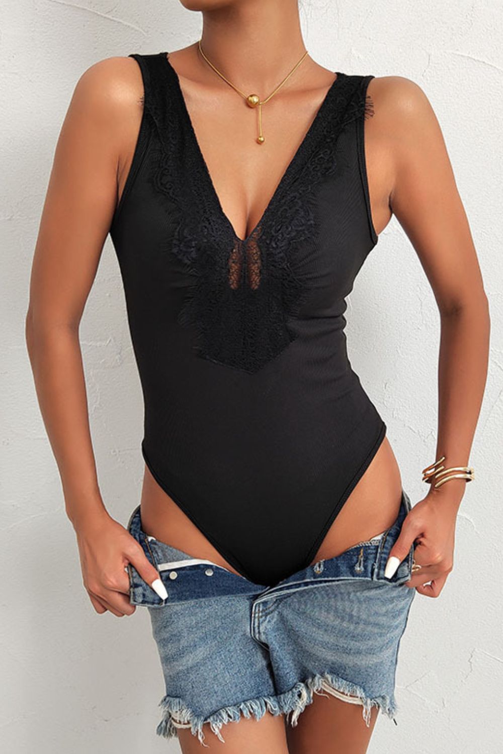 Spliced Lace Deep V Sleeveless Bodysuit - Black / S - Women’s Clothing & Accessories - Shirts & Tops - 1 - 2024