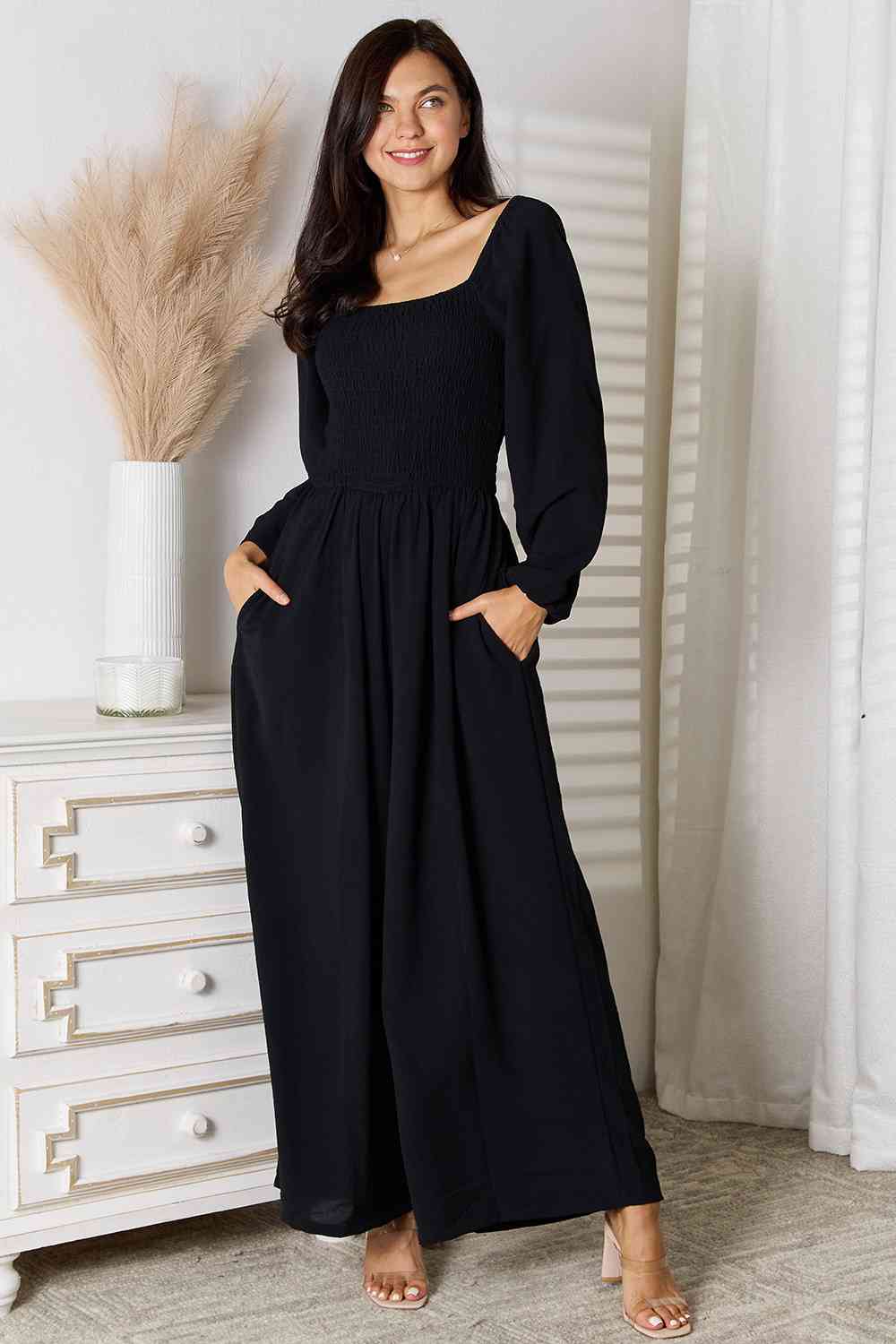 Square Neck Jumpsuit with Pockets - Kawaii Stop - Chic Clothing, Double Take, Fashionable Convenience, Hand Washable Jumpsuit, Luxurious Feel, Opaque Material, Pocketed Jumper, Practical Fashion, Ship from USA, Smocked Design, Square Neck Jumpsuit, Stylish One-Piece, Trendy Jumpsuit, Versatile Outfit, Women's Apparel