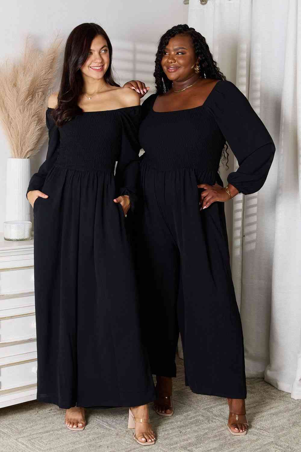 Square Neck Jumpsuit with Pockets - Kawaii Stop - Chic Clothing, Double Take, Fashionable Convenience, Hand Washable Jumpsuit, Luxurious Feel, Opaque Material, Pocketed Jumper, Practical Fashion, Ship from USA, Smocked Design, Square Neck Jumpsuit, Stylish One-Piece, Trendy Jumpsuit, Versatile Outfit, Women's Apparel