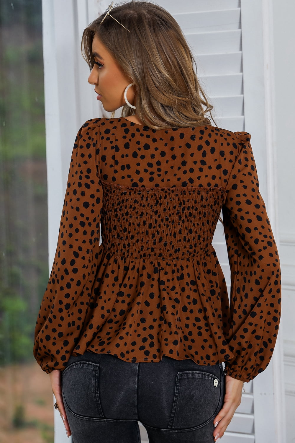Square Neck Long Sleeve Smocked Blouse - Women’s Clothing & Accessories - Shirts & Tops - 8 - 2024