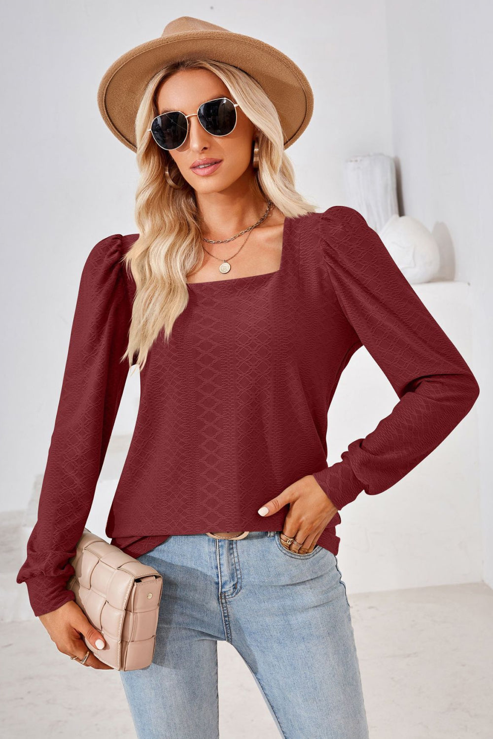 Square Neck Puff Sleeve Blouse - Dark Red / S - Women’s Clothing & Accessories - Shirts & Tops - 15 - 2024