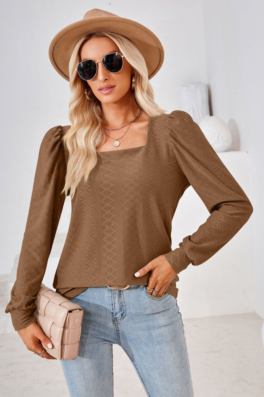 Square Neck Puff Sleeve Blouse - Brown / S - Women’s Clothing & Accessories - Shirts & Tops - 18 - 2024