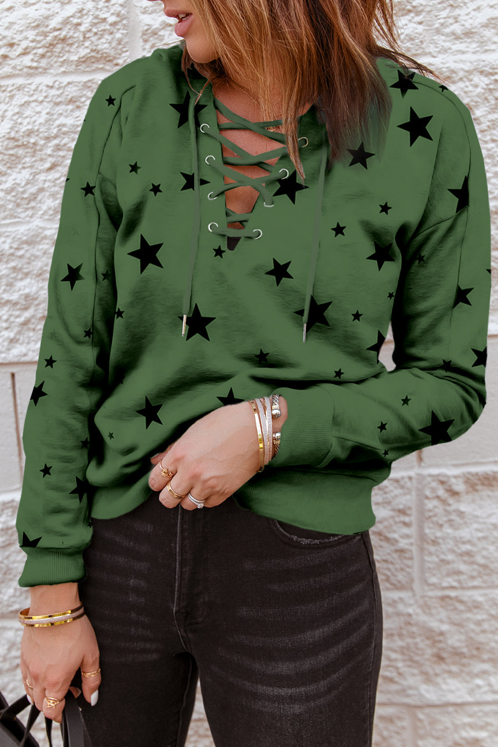 Star Pattern Lace-Up Hoodie - Green / S - Women’s Clothing & Accessories - Shirts & Tops - 1 - 2024