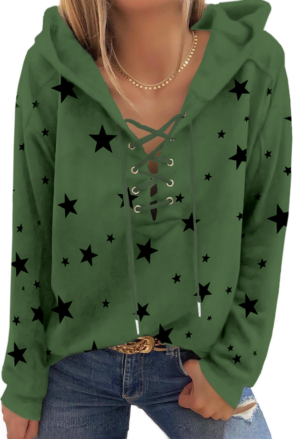 Star Pattern Lace-Up Hoodie - Women’s Clothing & Accessories - Shirts & Tops - 4 - 2024