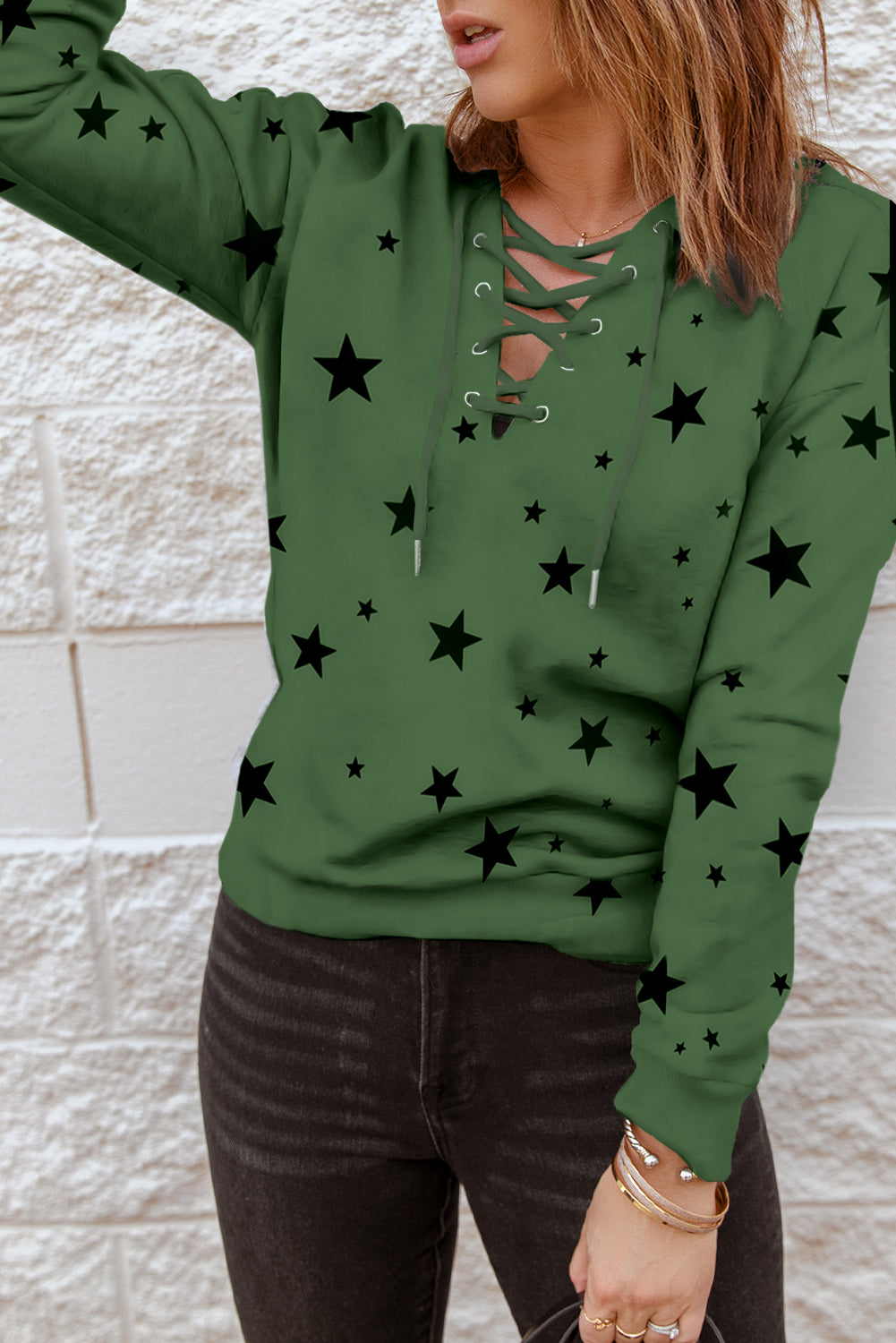 Star Pattern Lace-Up Hoodie - Women’s Clothing & Accessories - Shirts & Tops - 3 - 2024