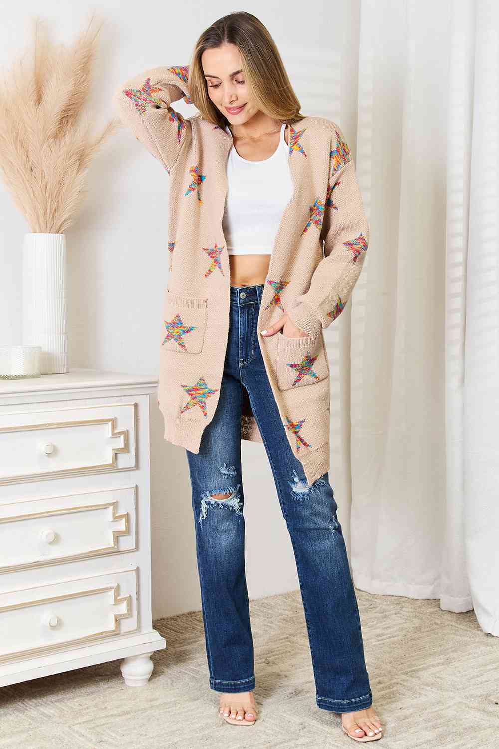 Star Pattern Open Front Longline Cardigan - Women’s Clothing & Accessories - Shirts & Tops - 4 - 2024