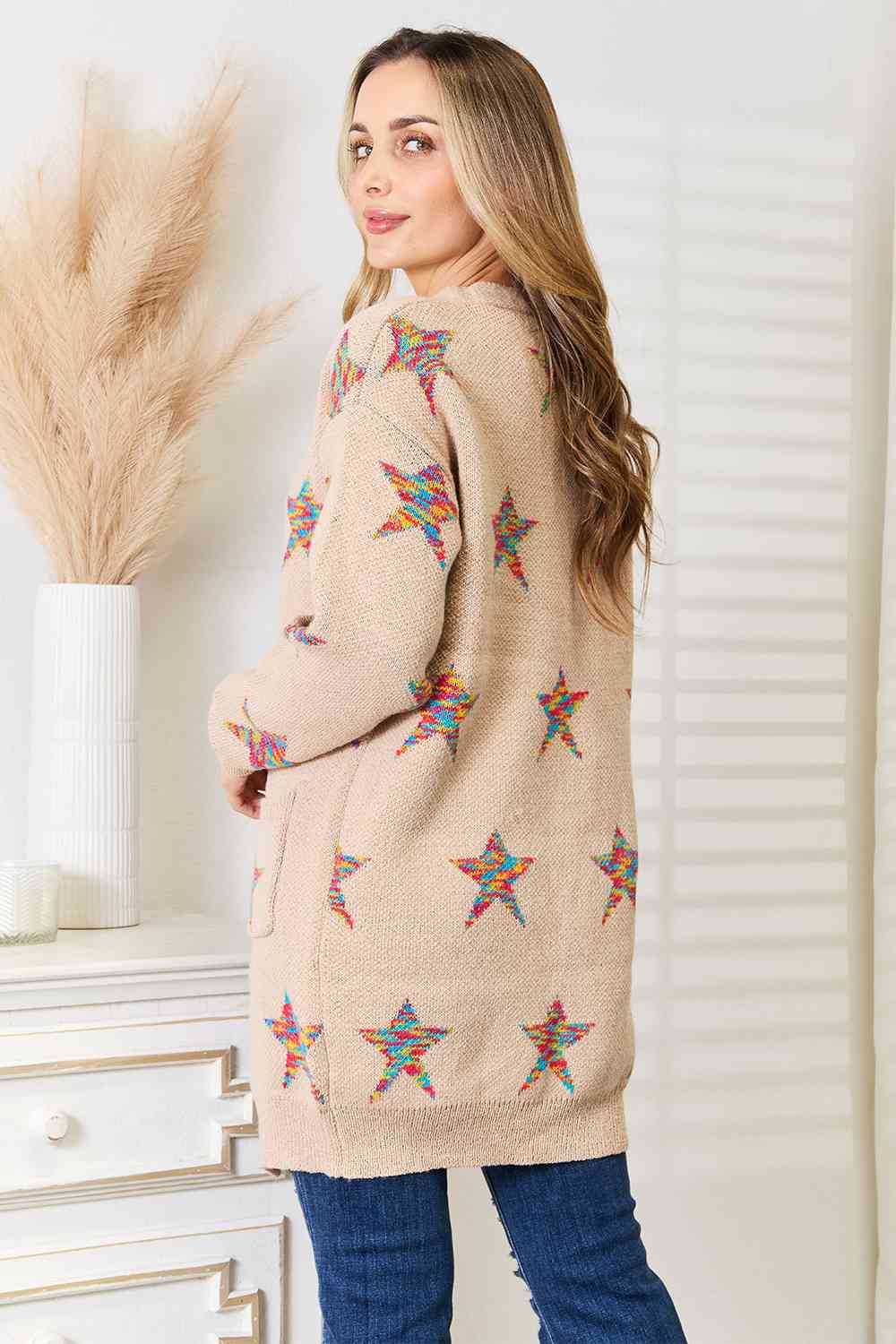 Star Pattern Open Front Longline Cardigan - Women’s Clothing & Accessories - Shirts & Tops - 2 - 2024