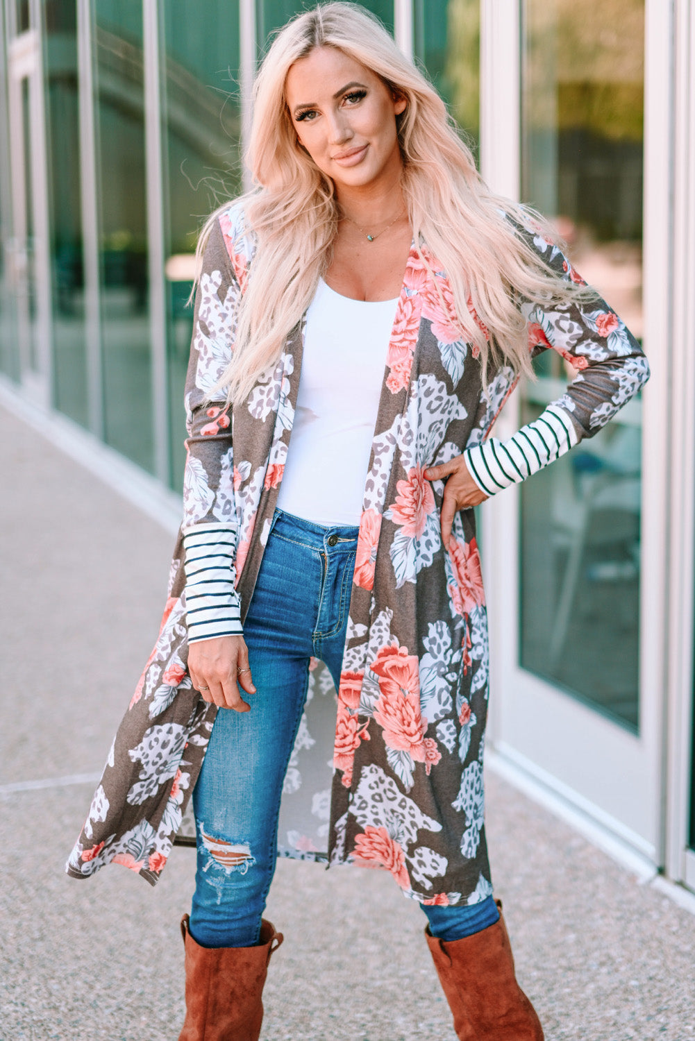 Stripe Detail Sleeve Floral Print Cardigan - Floral / S - Women’s Clothing & Accessories - Shirts & Tops - 1 - 2024