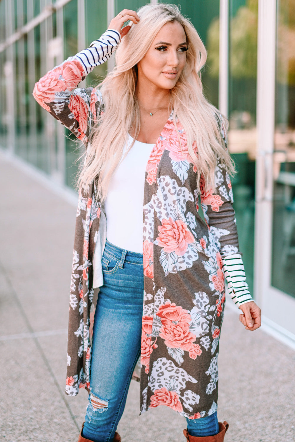 Stripe Detail Sleeve Floral Print Cardigan - Women’s Clothing & Accessories - Shirts & Tops - 3 - 2024