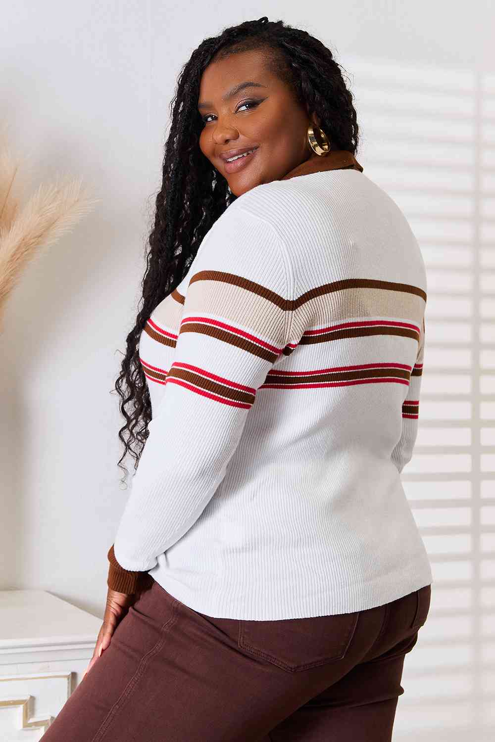 Striped Collared Neck Rib-Knit Top - Women’s Clothing & Accessories - Shirts & Tops - 2 - 2024