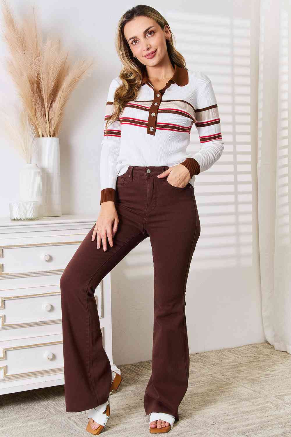 Striped Collared Neck Rib-Knit Top - Women’s Clothing & Accessories - Shirts & Tops - 7 - 2024