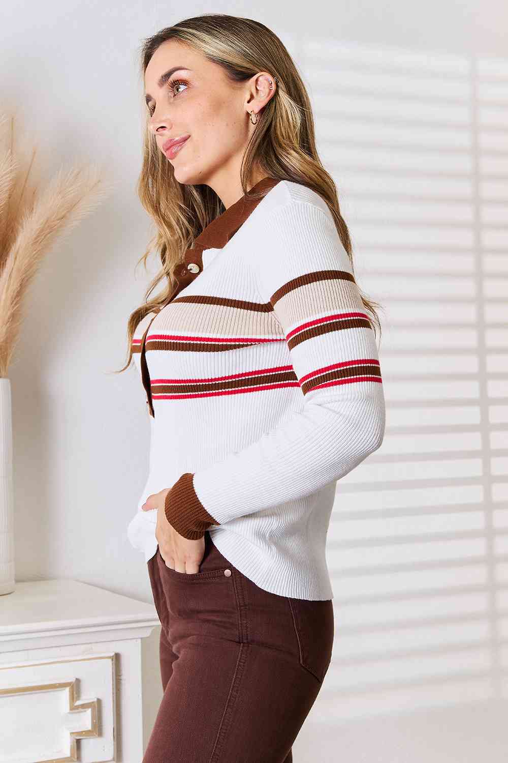 Striped Collared Neck Rib-Knit Top - Women’s Clothing & Accessories - Shirts & Tops - 5 - 2024