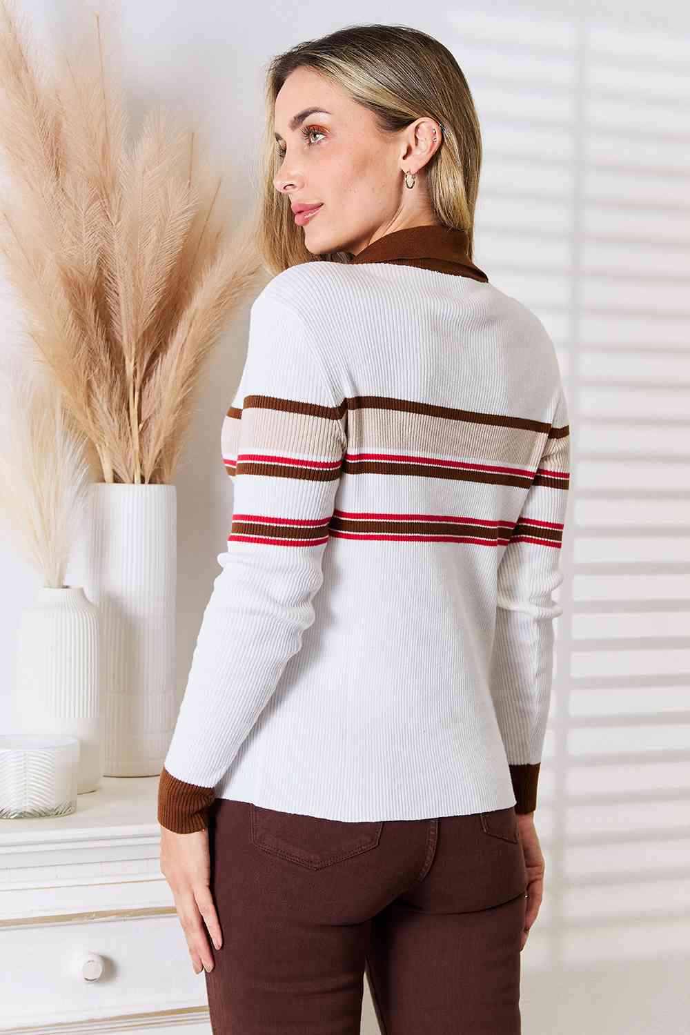 Striped Collared Neck Rib-Knit Top - Women’s Clothing & Accessories - Shirts & Tops - 6 - 2024
