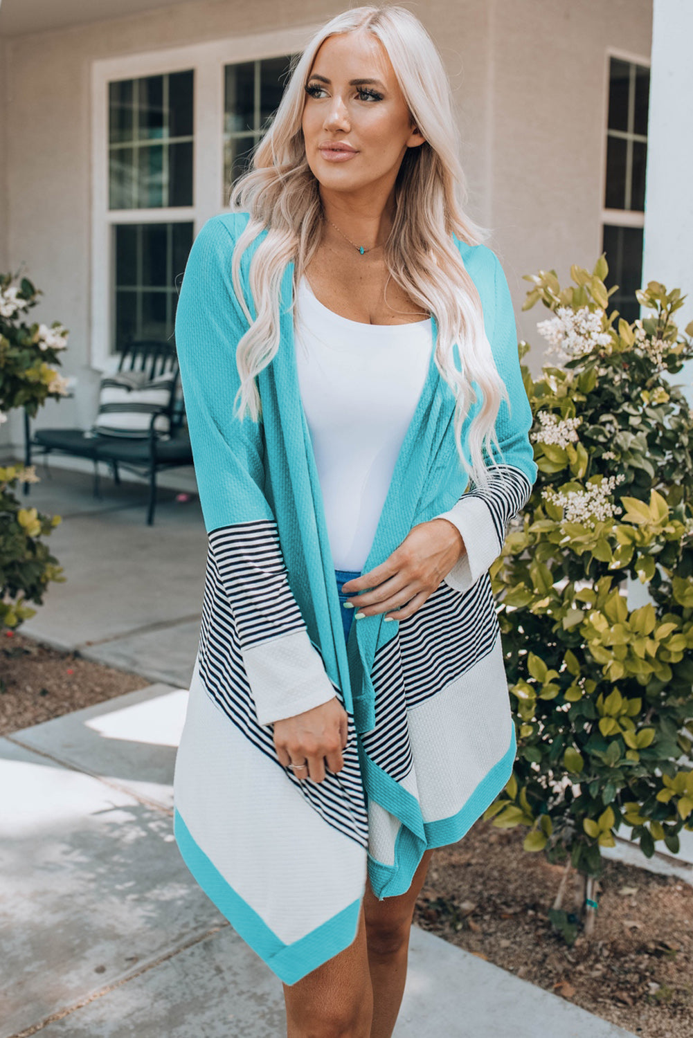 Striped Color Block Open Front Cardigan - Blue / S - Women’s Clothing & Accessories - Shirts & Tops - 1 - 2024